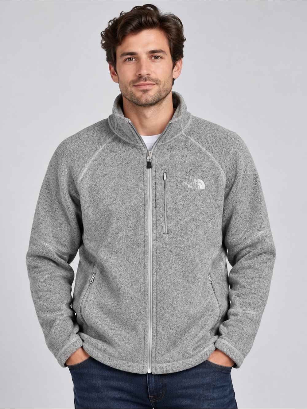 The North Face Men’s XL Gray Sweater Knit Full Zip Fleece Jacket Chest Pocket